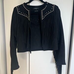 Miss Me Black Suede Rhinestone and Stud Fringe Jacket